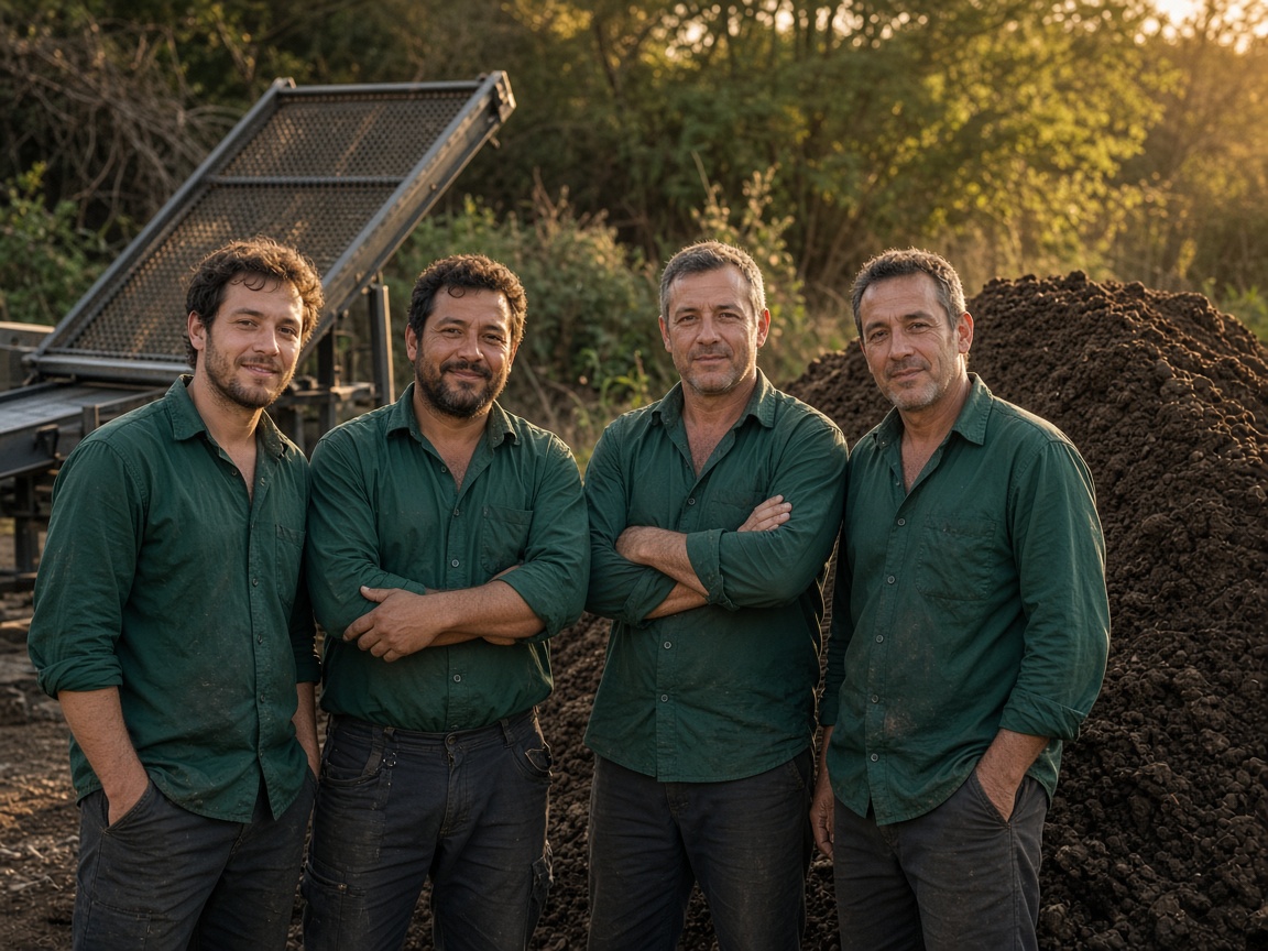 Four operators standing beside a screening plant and a pile of soil.