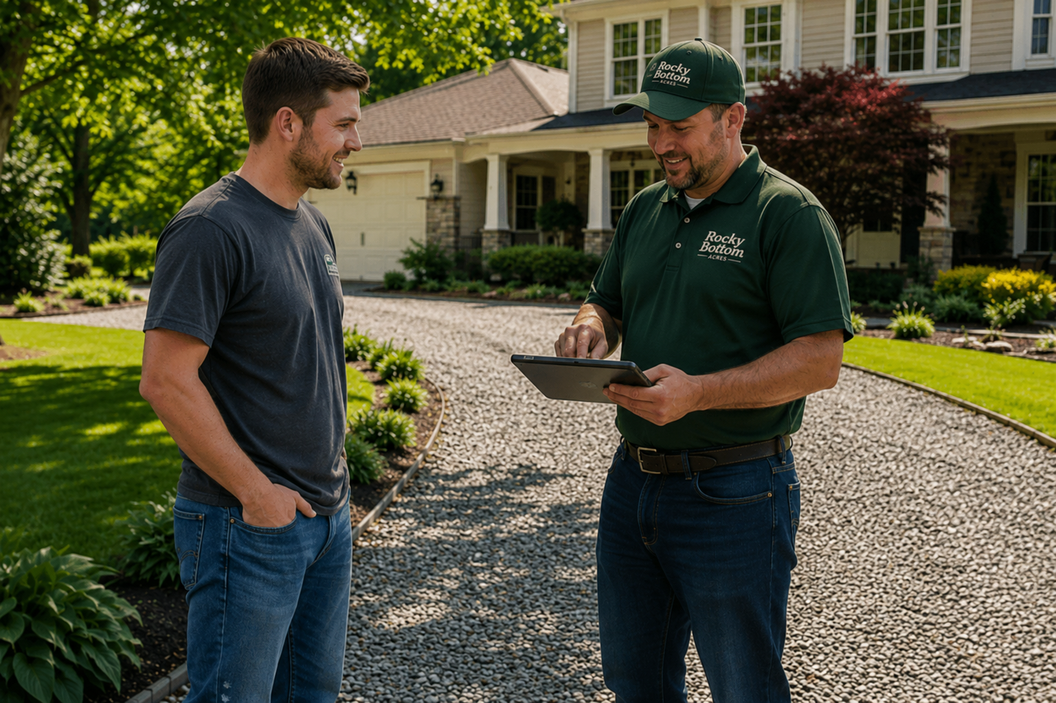 A Rocky Bottom operator reviewing a project on a tablet with a homeowner beside a gravel driveway.