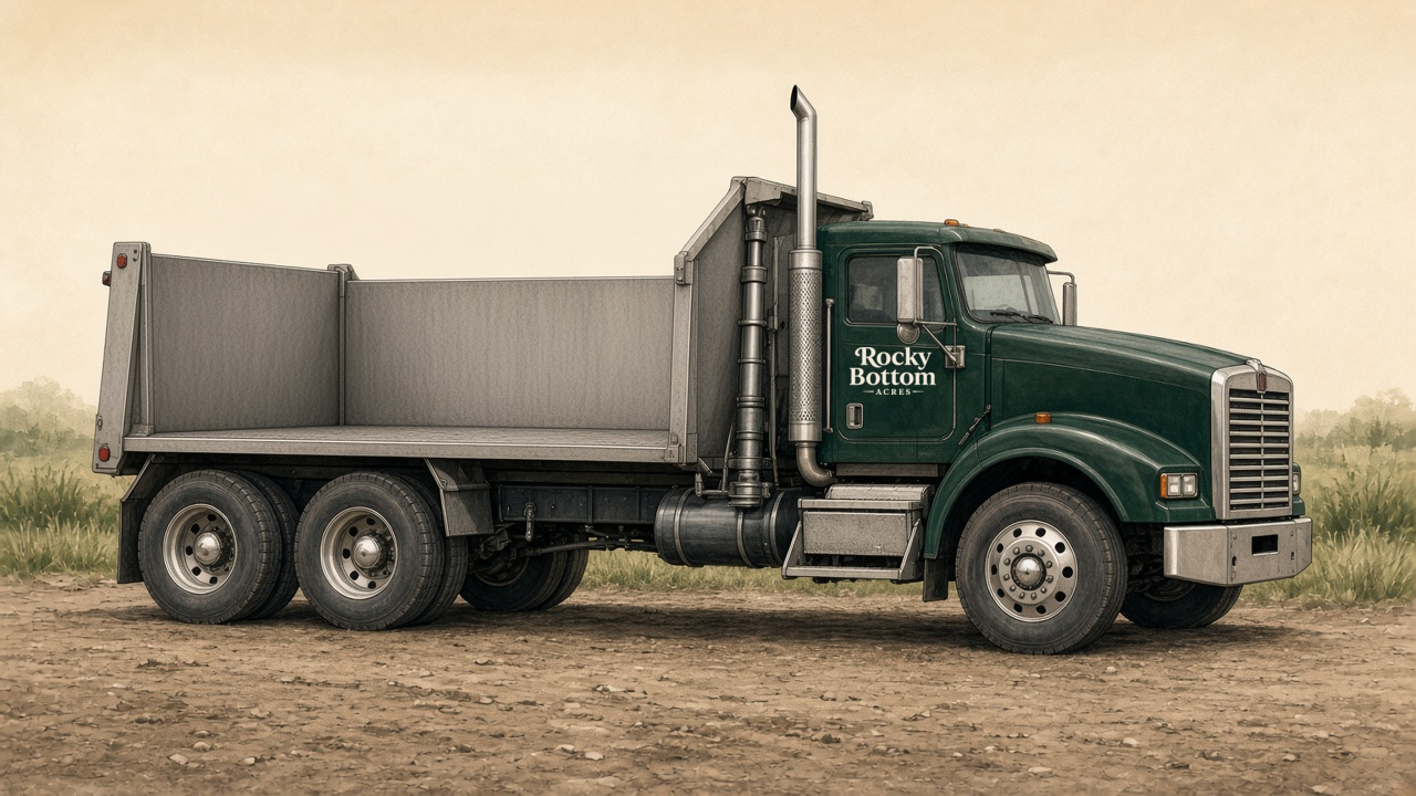 A Kenworth dump truck with a three-sided bed so the load is visible from the floor up.