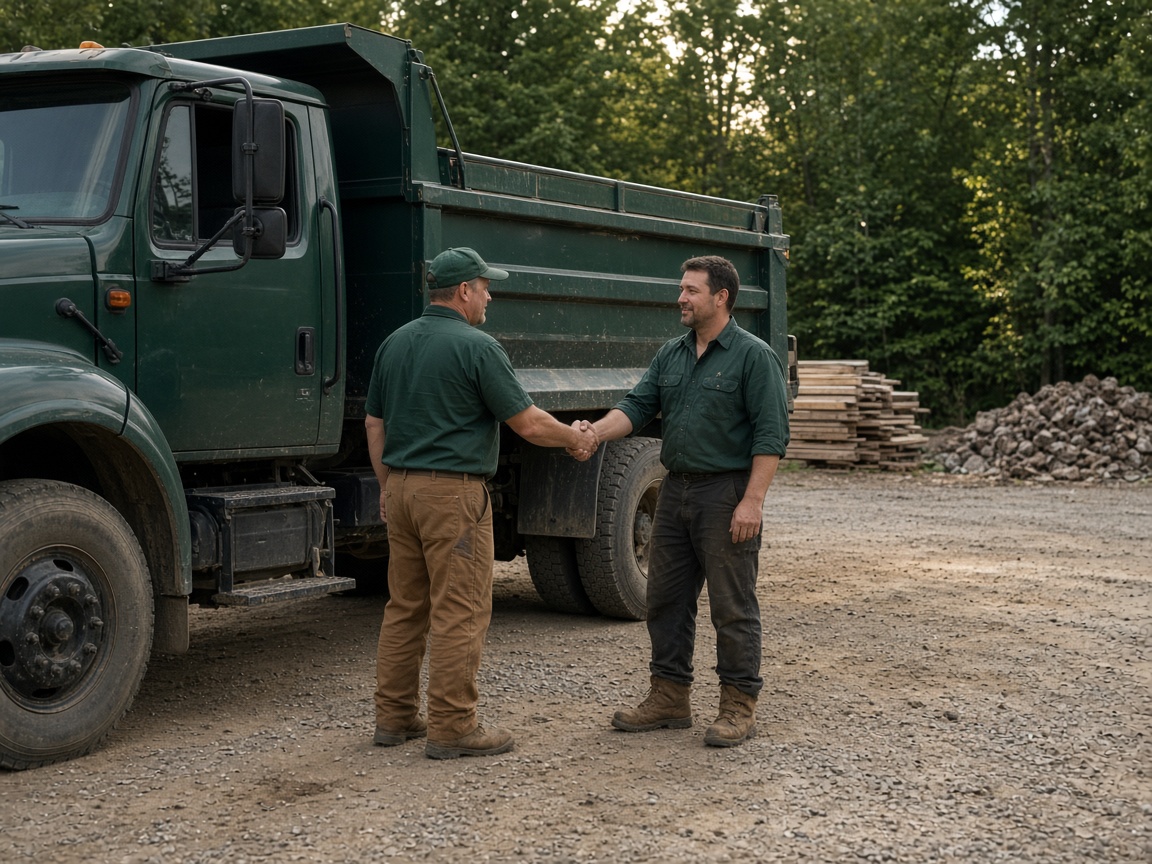 Two operators shaking hands beside a dark green dump truck.