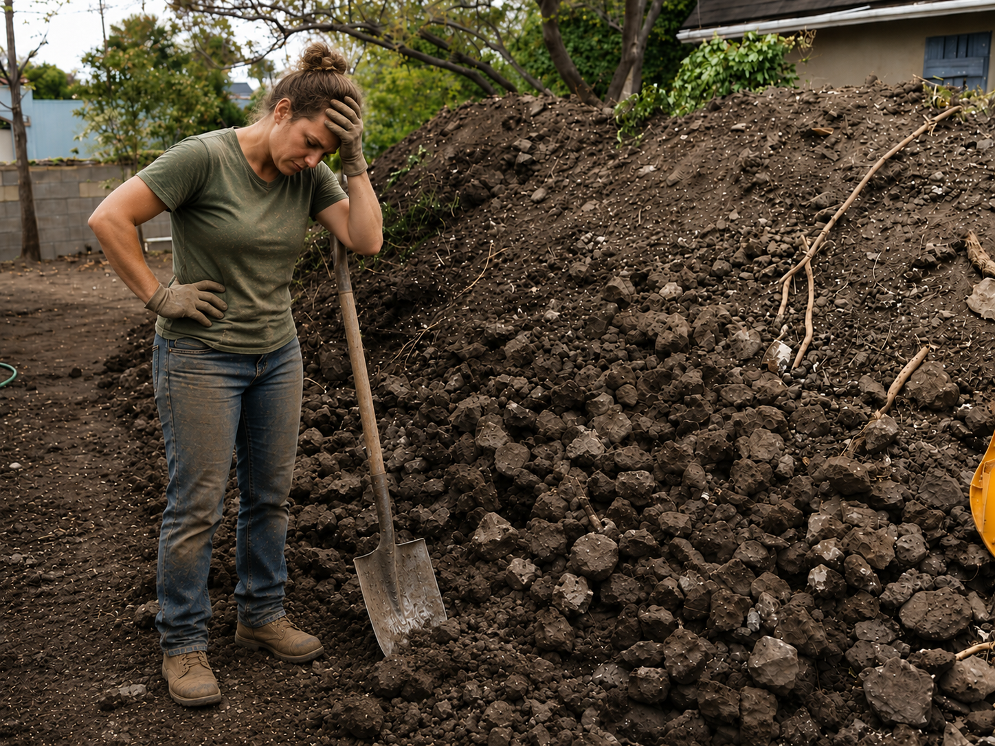 A person stopped beside an oversized pile of fill that is blocking the work.