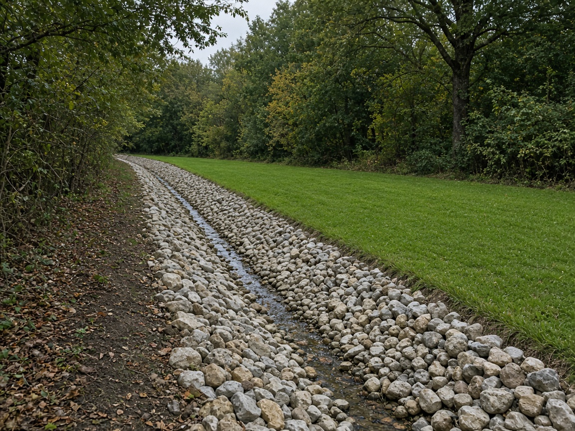 A stone drainage swale along the edge of a yard.