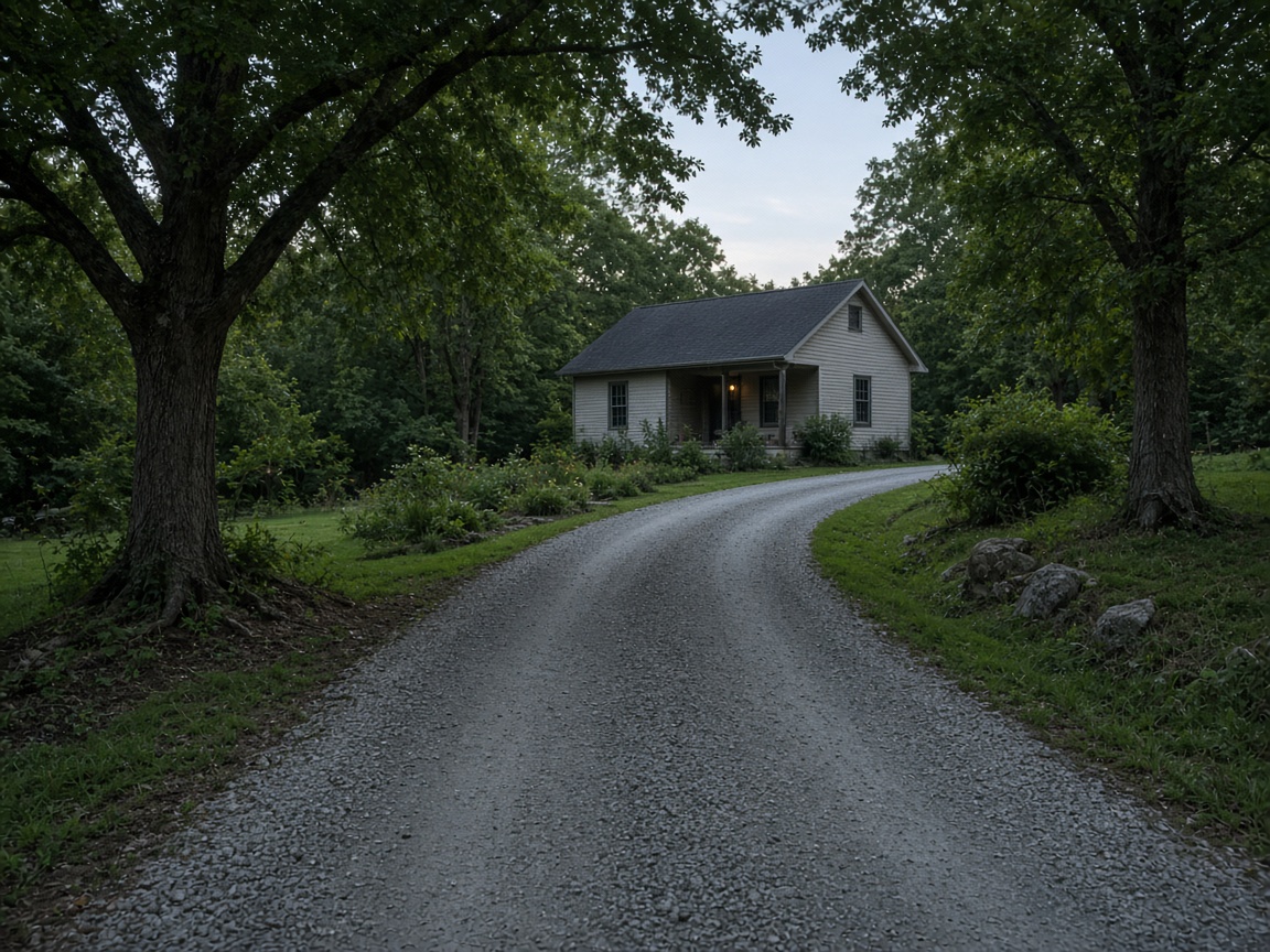 A finished gravel driveway leading to a house.