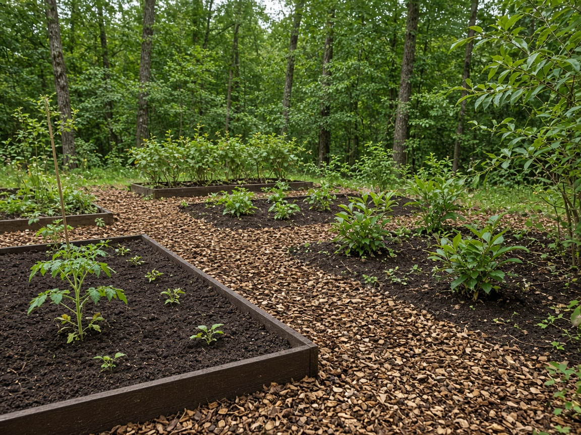 Garden beds filled with dark screened soil.