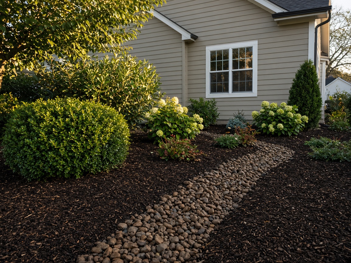 Mulched foundation beds and a short stone walk.