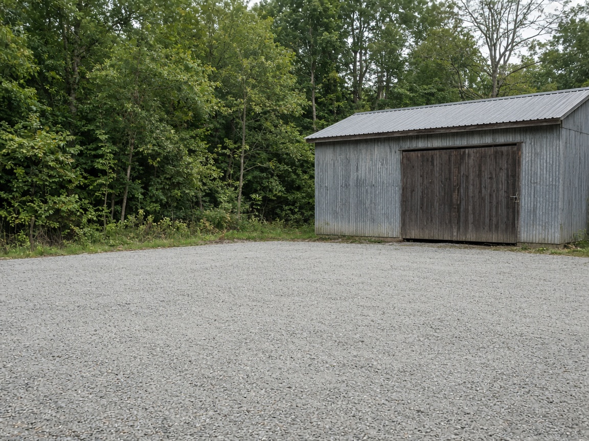 A level compacted stone pad beside a small workshop.
