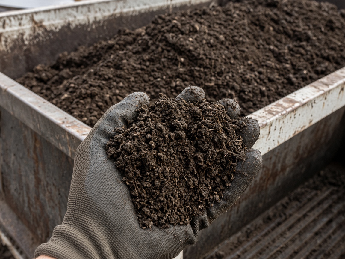 A gloved hand holding screened soil in front of a truck bed.