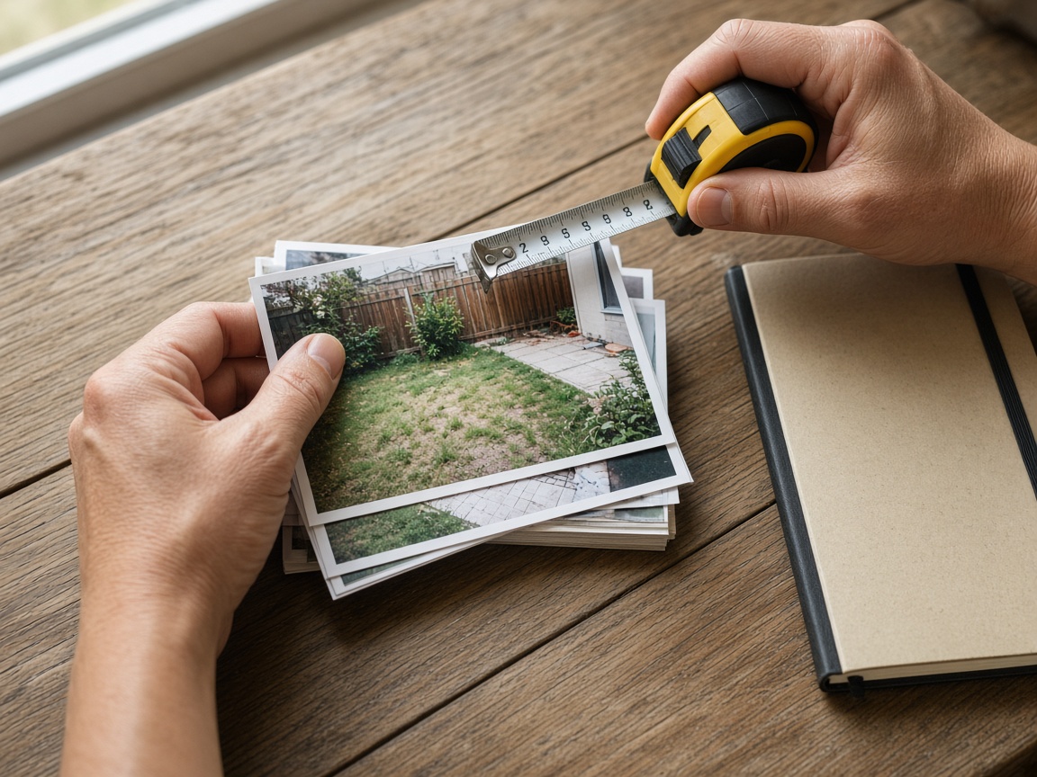 Hands holding project photos and a tape measure.