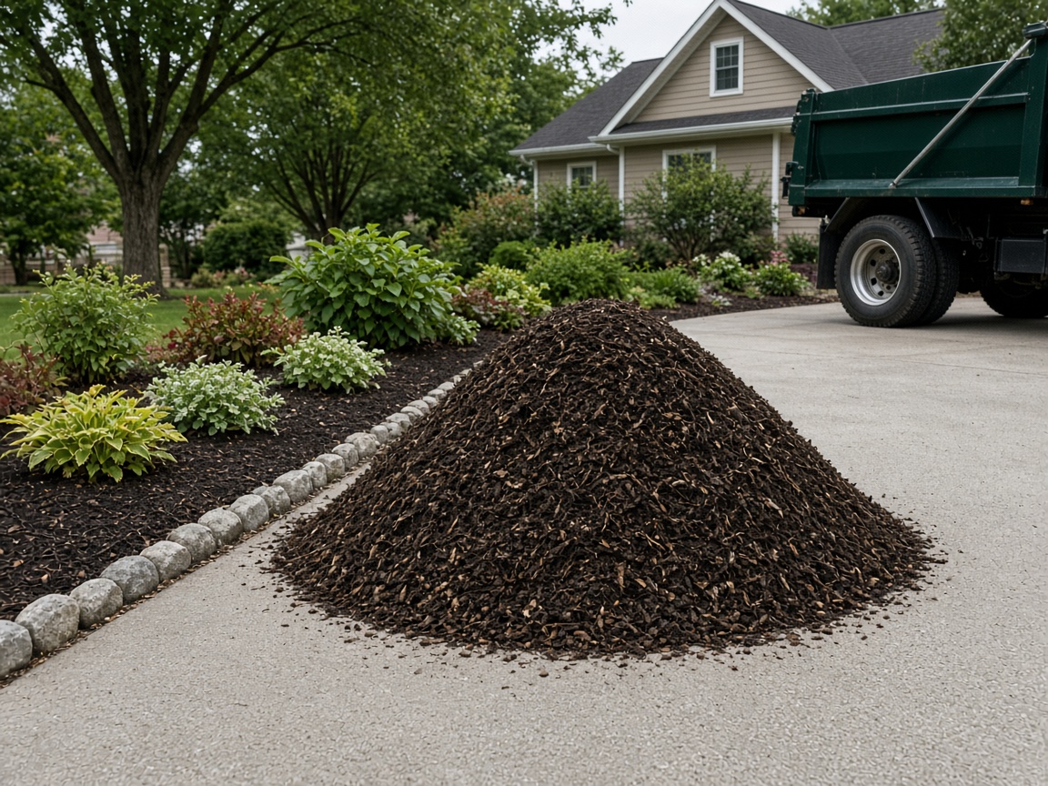 A tidy pile placed beside a landscape bed, clear of the driveway.